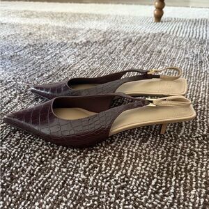 ASOS Dark Brown Croc-Embossed Pointed Slingback Heels with Beige Insole